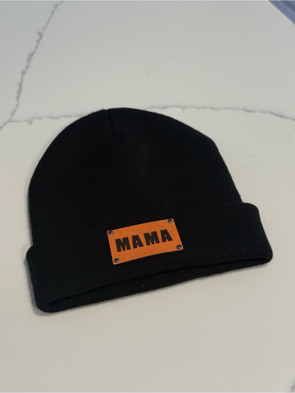 MAMA Black Knit Beanie for women with leather patch - Cozy Winter Hat